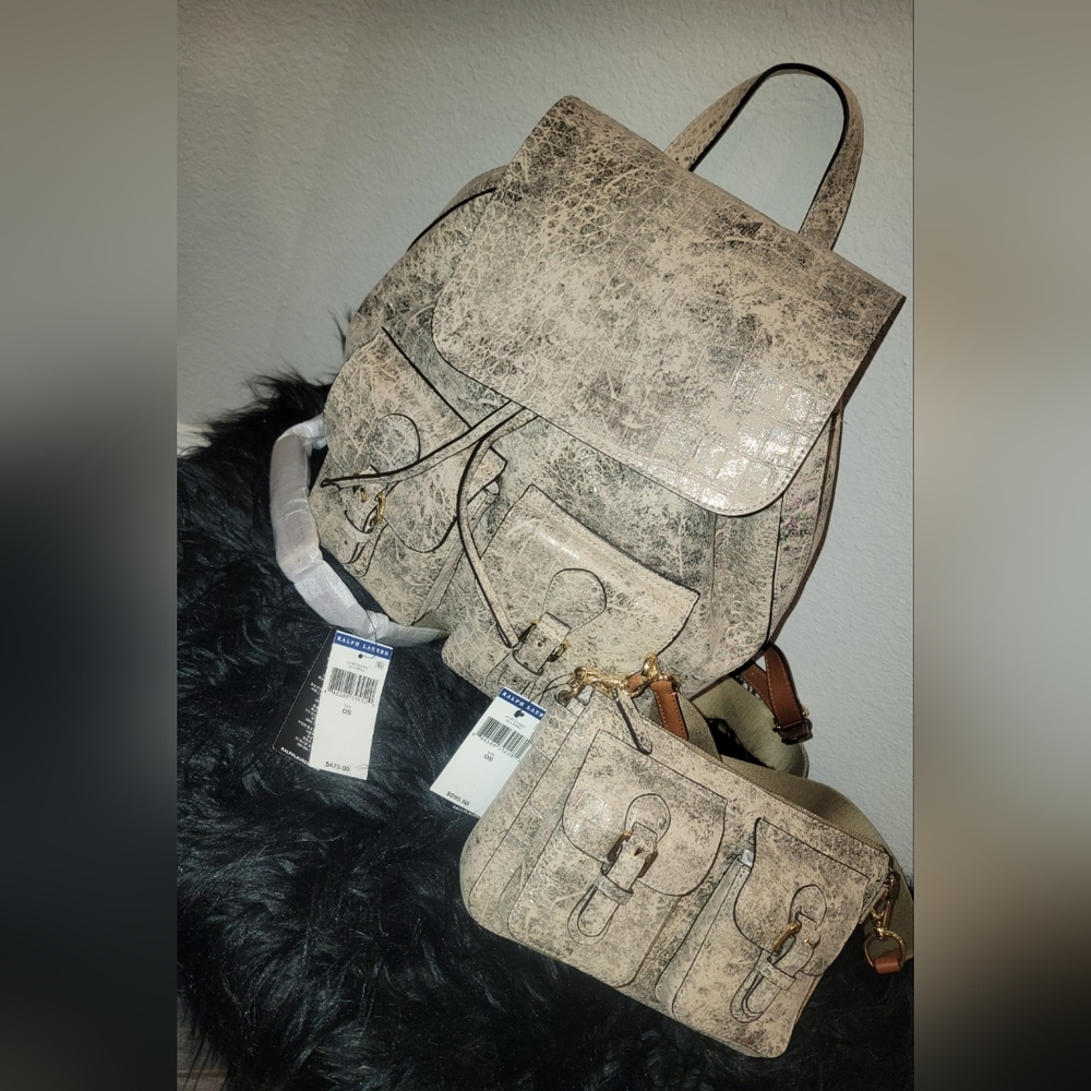 Ralph Lauren KALIE Backpack and Noa Crossbody Bag Bronze Buckle Cargo Pockets.